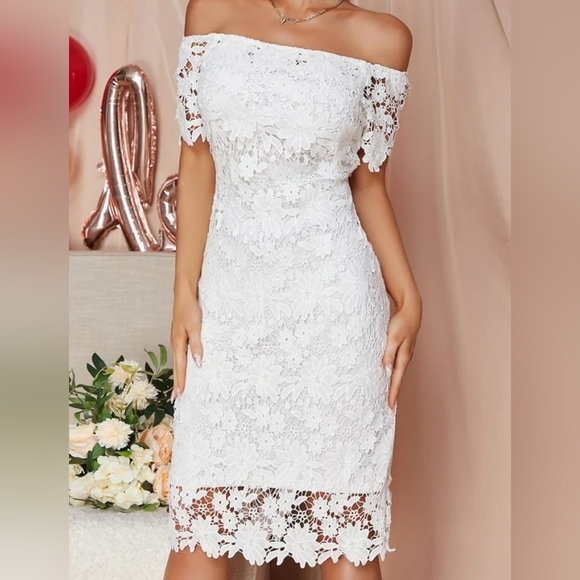 EILLY BAZAR Women's Guipure Lace Slit Hem Off The Shoulder Dress WHITE XS - Picture 1 of 9